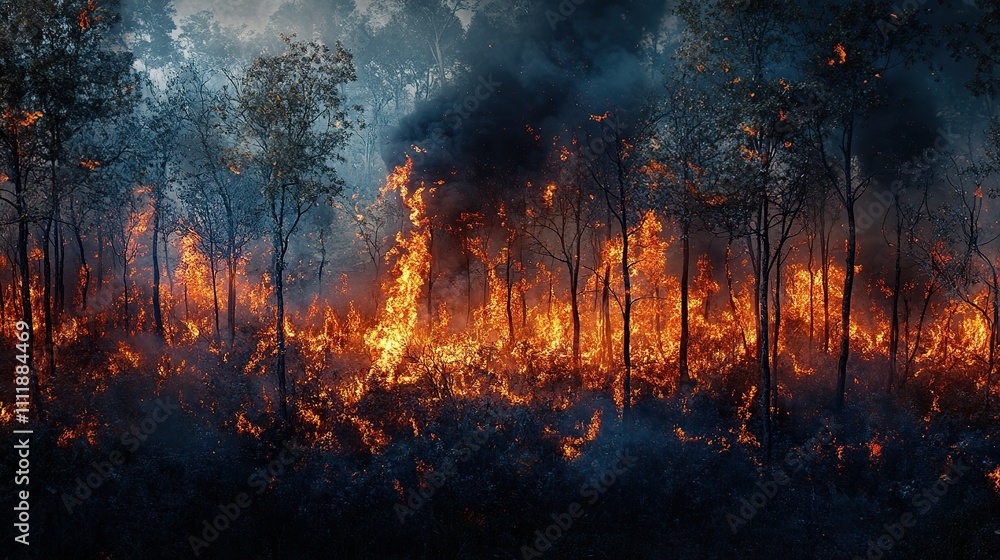 Dramatic forest fire scene with raging flames devouring tree trunks and thick smoke billowing Dramatic forest fire scene with raging flames devouring tree trunks and thick smoke billowing