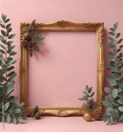 Ornate gold frames around a soft pink background, containing tiny pinecones, sprigs of eucalyptus, and delicate glass ornaments , seasonal, coniferous photo