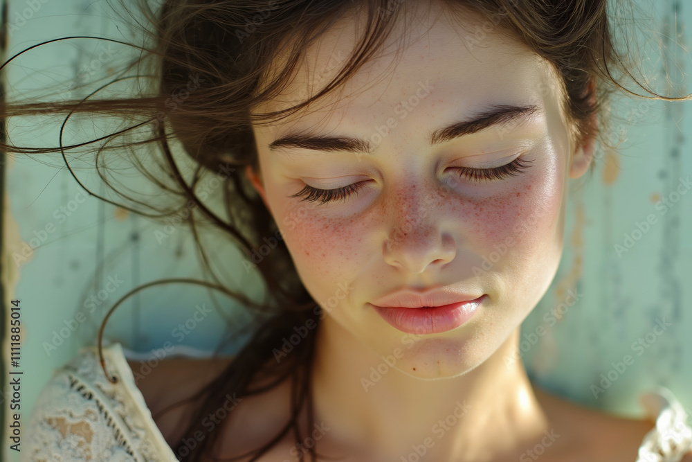 A young woman with her eyes closed and her hair blowing in the wind A young woman with her eyes closed and her hair blowing in the wind