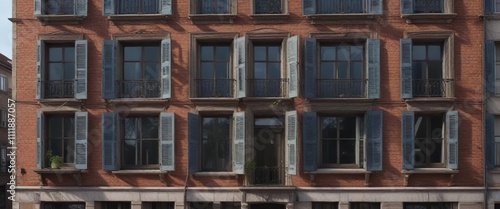 Old townhouse with numerous windows and shutters, stained glass windows, urban architecture, narrow streets