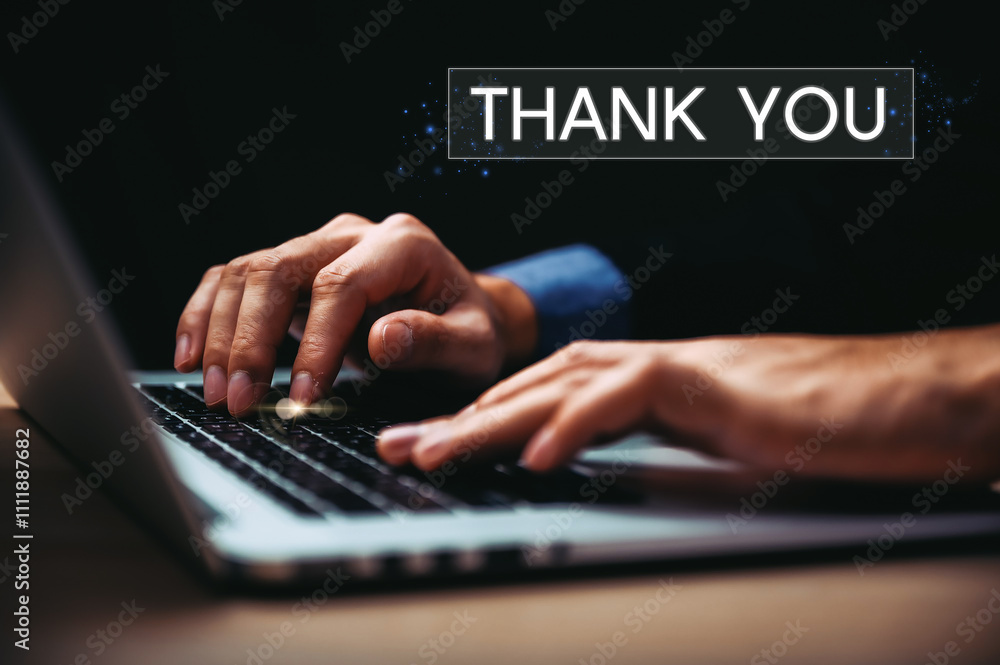 businessman using a laptop and showing the message thank you on a display screen. concept of thank you business, appreciation and gratitude, congratulations, presentation from technology digital businessman using a laptop and showing the message thank you on a display screen. concept of thank you business, appreciation and gratitude, congratulations, presentation from technology digital