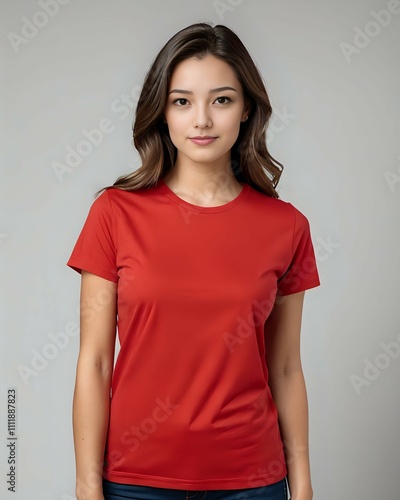 portrait of a beautiful female model wearing a red t-shirt with a white background