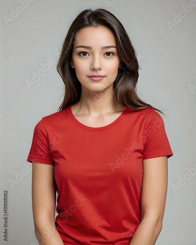 portrait of a beautiful female model wearing a red t-shirt with a white background