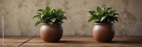 Small decorative pot with lush green Wandering Jew plant on wooden surface, purple and green leaves, houseplant photo