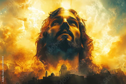 Double Exposure of 3D Jesus Christ Over Jerusalem Silhouettes, Fantasy and Surrealism Art photo