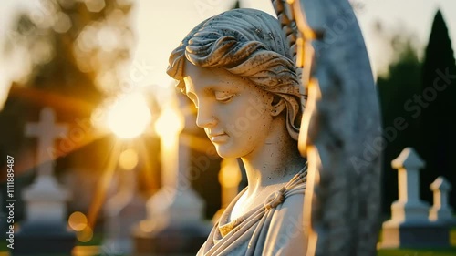 Serene stone angel statue in a cemetery during sunset, symbolizing peace and remembrance, All Souls' Day photo