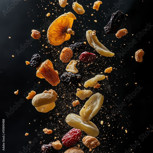 Levitation of Dried Fruits and Nuts. Dynamic Dried Fruit Explosion on Black. Artistic Dried Fruit and Nut Display