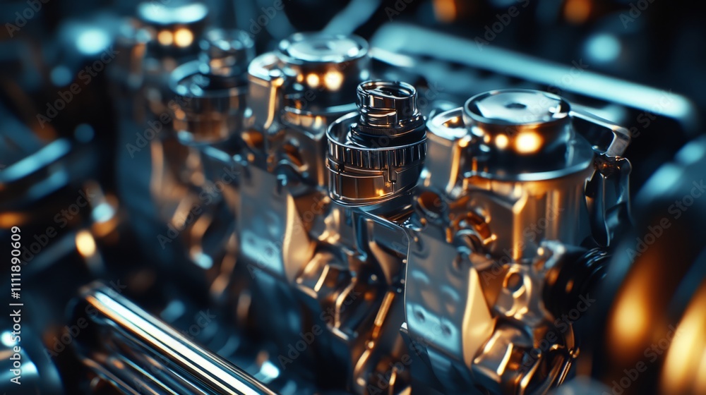 Detailed perspective of engine elements highlighting machined parts and functional designs within a vehicle at twilight. The scene conveys advanced automotive technology Detailed perspective of engine elements highlighting machined parts and functional designs within a vehicle at twilight. The scene conveys advanced automotive technology