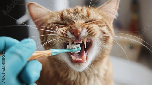 A playful ginger cat is having its teeth brushed by a person wearing a blue glove. The cat is showing its teeth while the owner carefully cleans them in a bright room photo