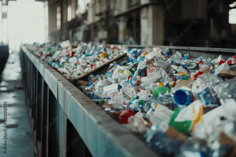 Crumbled plastic waste flows along conveyor. Crumbled plastic waste flows along conveyor.