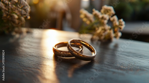 Two shining golden wedding rings rest on a wooden surface, bathed in soft daylight. Delicate flowers add a natural touch, enhancing the romantic atmosphere of the moment
