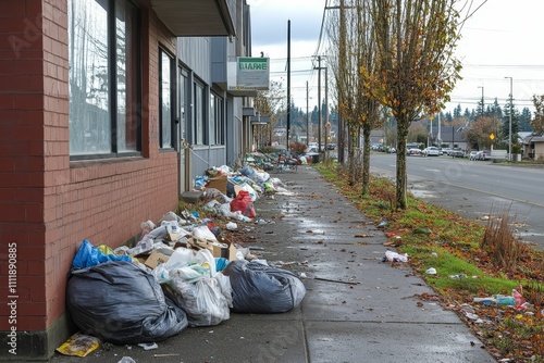 Sidewalk littered with trash bags, debris, and autumn leaves.