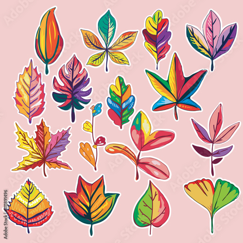 A collection of vibrant, colorful leaves with artistic designs set against a soft pink background.