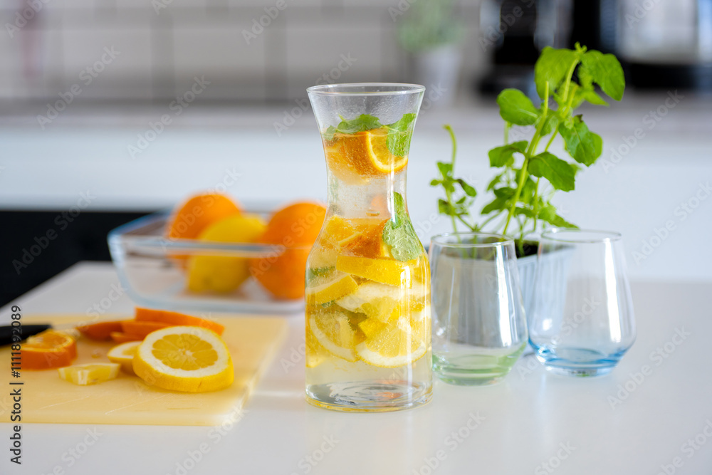 Fototapeta premium Preparing Homemade Lemonade From Lemons And Oranges Is A Refreshing Activity