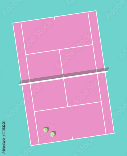 Tennis field simple vector art. Girly retro vintage tennis court background. pastel pink and blue grass bird's eye view with tennis balls