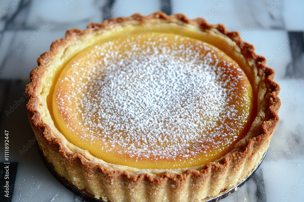 Freshly baked lemon tart dusted with powdered sugar. Freshly baked lemon tart dusted with powdered sugar.