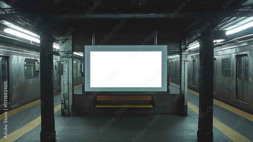 Blank white billboard in subway station, public transportation display Blank white billboard in subway station, public transportation display