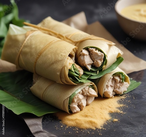 Steamed banana leaves wrapped around a bundle of cornmeal and chicken filling, traditional food, green leaf wraps , bananas photo