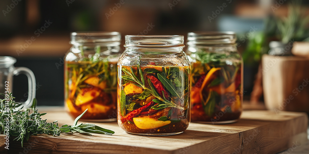 Homemade spicy chili sauce stored in jars, surrounded by fresh herbs on a rustic wooden table, perfect for adding a flavorful kick to any dish. Homemade spicy chili sauce stored in jars, surrounded by fresh herbs on a rustic wooden table, perfect for adding a flavorful kick to any dish.