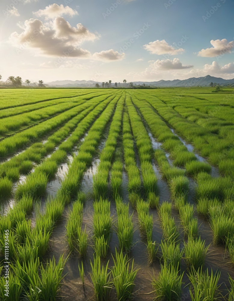 Lush rice paddy field with neat green rows stretching into the horizon under a bright sunny sky on a calm day , calm day, nature, sunny sky Lush rice paddy field with neat green rows stretching into the horizon under a bright sunny sky on a calm day , calm day, nature, sunny sky