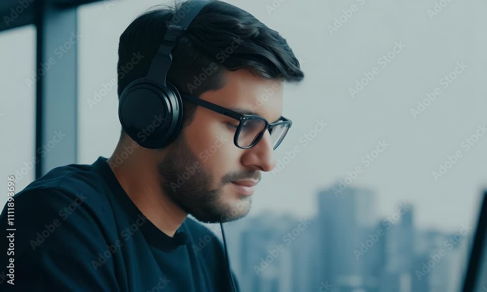 Focused Man Working on Laptop with Headphones in Modern Office Focused Man Working on Laptop with Headphones in Modern Office