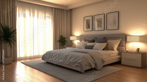 cozy bedroom in an apartment, featuring a modern design and a soothing color palette. The room includes a comfortable bed with plush pillows and a soft duvet in muted tones like soft greys and beiges. photo