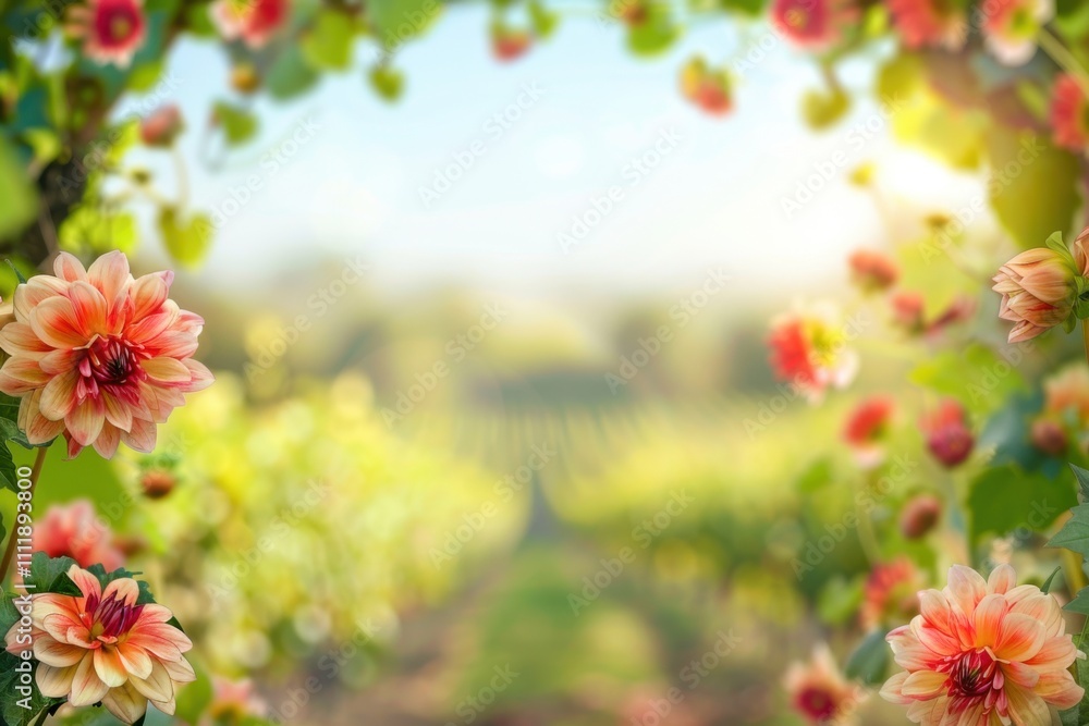 blurred vineyard background, dahlia border, copy space in center. blurred vineyard background, dahlia border, copy space in center.