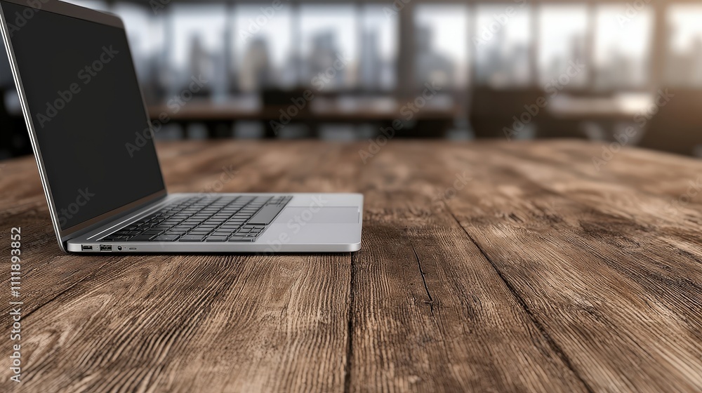 Modern Laptop on Rustic Wooden Desk Office Workspace City View Modern Laptop on Rustic Wooden Desk Office Workspace City View