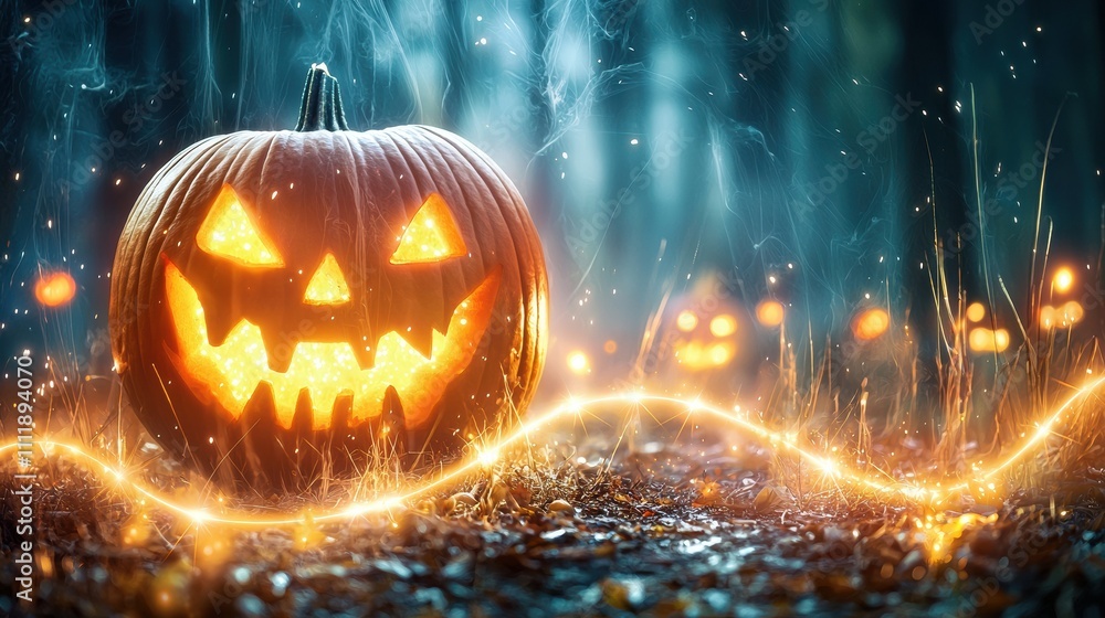 Naklejka premium Magical Halloween Jack-o'-lantern in Spooky Forest