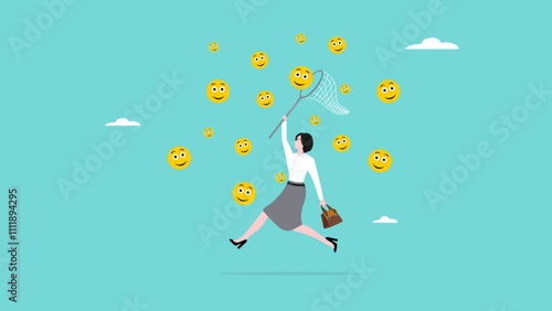 get enjoy and happy in work, work according to passion. looking for happiness in the work concept illustration, businesswoman catch smiling face with butterfly net metaphor of happiness illustration