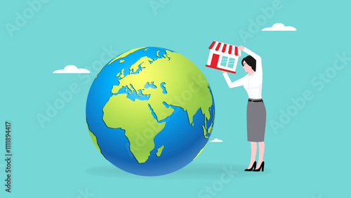 global franchise business expansion. franchise in new location to cover all continent. growing business with new franchise, Businesswoman put new franchise on world map across globe