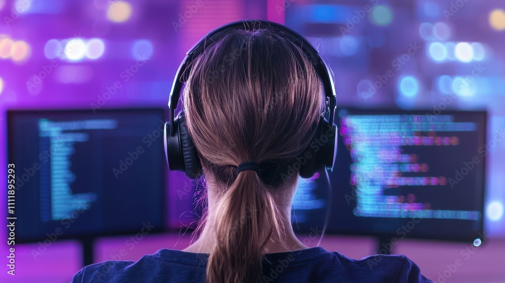 Modern office focused coding woman with headset and digital tools Modern office focused coding woman with headset and digital tools