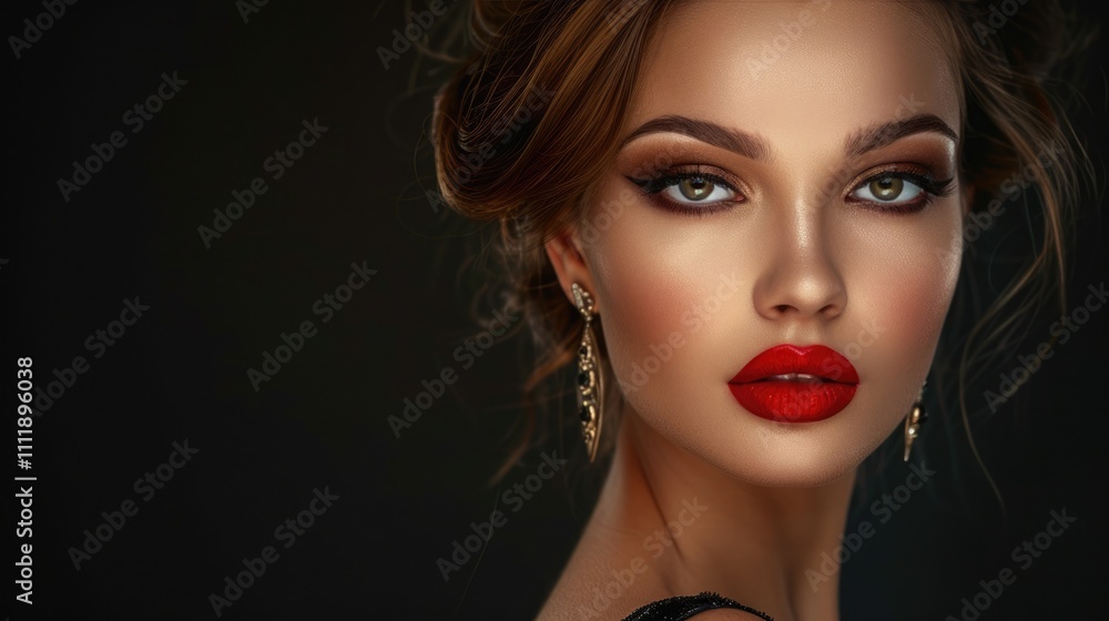 Stunning portrait of a woman with glamorous makeup and striking red lips. Stunning portrait of a woman with glamorous makeup and striking red lips.