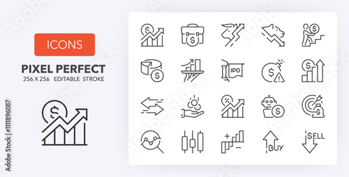 Line icons about stock markets. Contains such icons as high frequency trading, volatility, technical analysis and more. Editable vector stroke. 256 Pixel Perfect scalable to 128px...