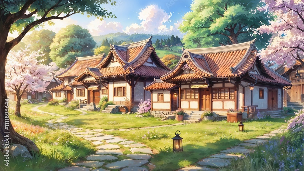 Fototapeta premium Serene Japanese Village: Tranquil Springtime Scene 