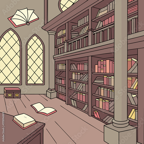 magical library with flying books photo