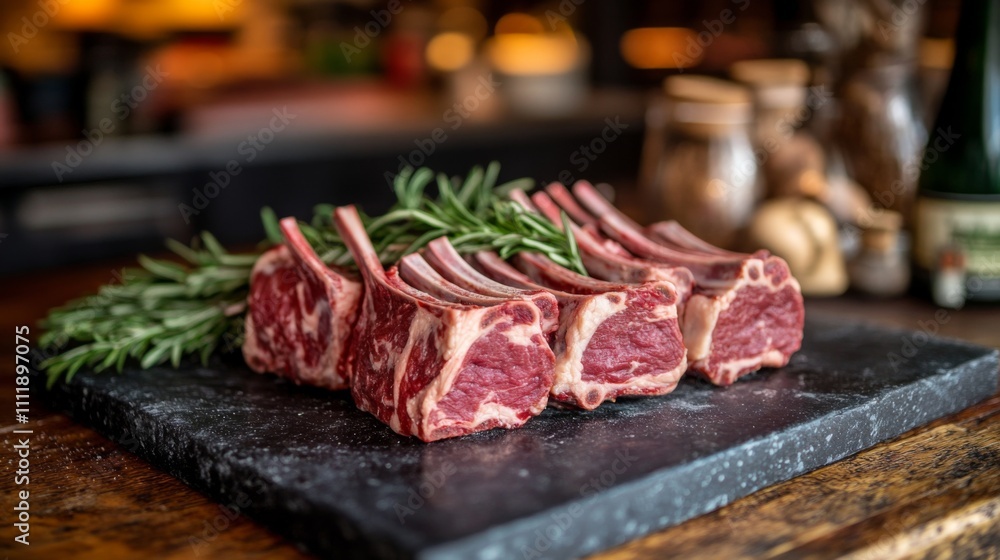 Fresh Premium Rack of Lamb Chops with Rosemary on a Stone Platter Fresh Premium Rack of Lamb Chops with Rosemary on a Stone Platter