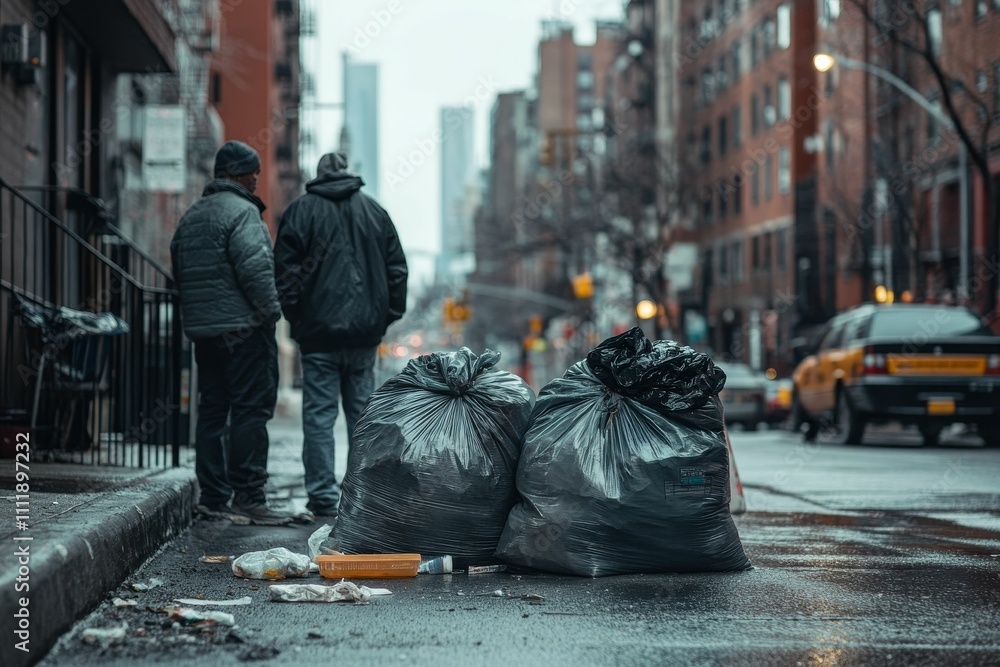 Two figures, trash bags, city street, winter. Two figures, trash bags, city street, winter.