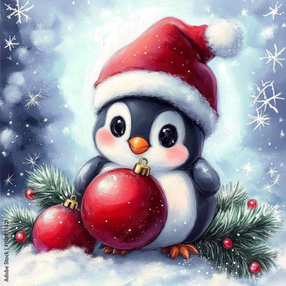 Cute baby penguin wearing a red hat and holding a Christmas ornament Cute baby penguin wearing a red hat and holding a Christmas ornament