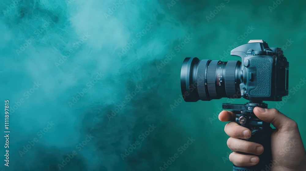 DSLR Camera Filming with Teal Smoke Background Videography Equipment DSLR Camera Filming with Teal Smoke Background Videography Equipment