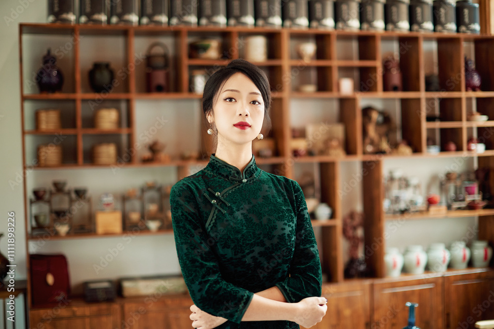 Chinese women wearing retro cheongsam in a Chinese teahouse Chinese women wearing retro cheongsam in a Chinese teahouse