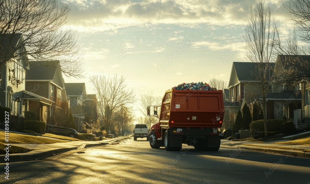 Waste truck, suburban street, golden hour light. Waste truck, suburban street, golden hour light.
