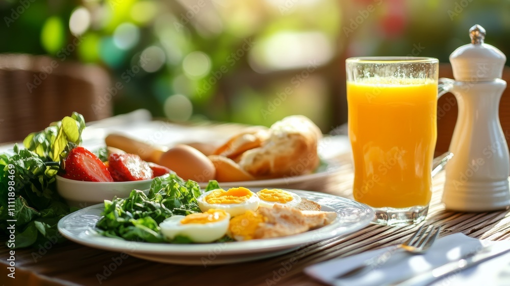 Energizing breakfast table setup with eggs, greens, and fresh juice Energizing breakfast table setup with eggs, greens, and fresh juice