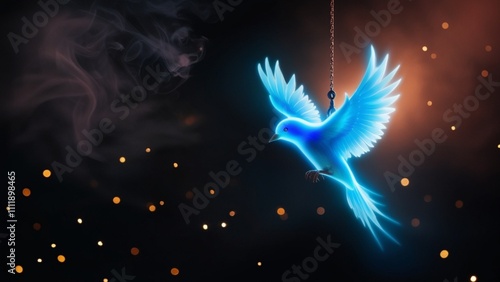 Illustration of a glowing blue bird flying in a dark, smoky, starry sky, depicting a symbol of freedom and hope shining amidst darkness and hardship.