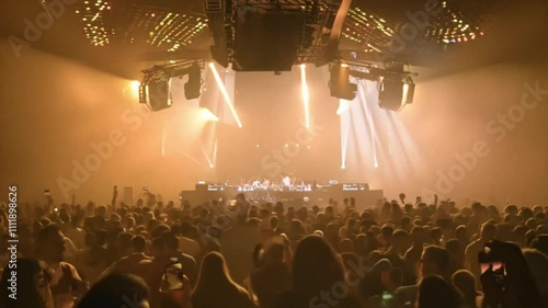 Live Music Concert, Nightlife Party Crowd Cheering, DJ on Stage, Laser Show