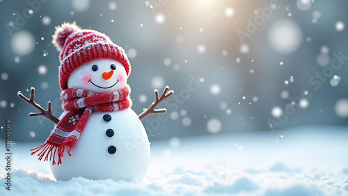 Tiny Snowman with a Warm Hat and Scarf on Winter Snow
