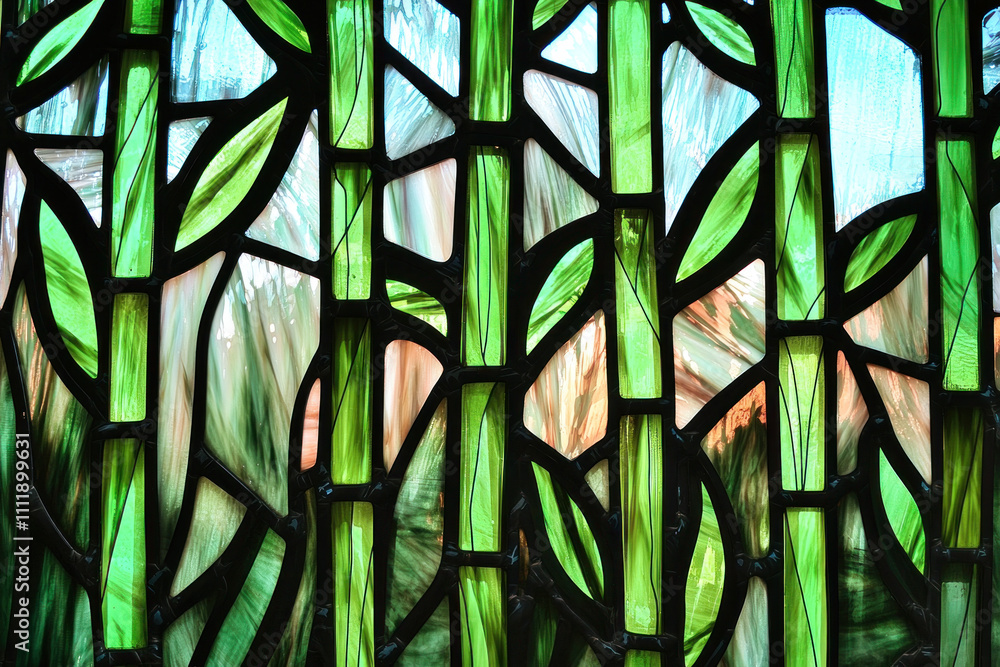 Stained glass window with green bamboo pattern. Stained glass window with green bamboo pattern.