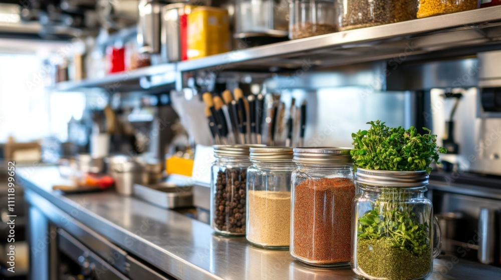 Modern Kitchen Counter with Jars of Spices and Fresh Herbs Modern Kitchen Counter with Jars of Spices and Fresh Herbs