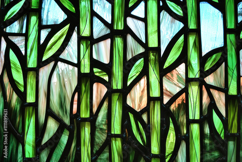 Stained glass window with green bamboo pattern.
