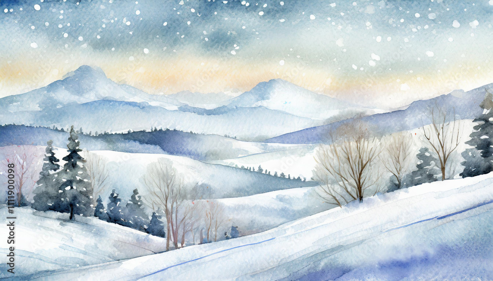 Obraz premium Watercolor Winter Landscape With Snowy Hills And Trees